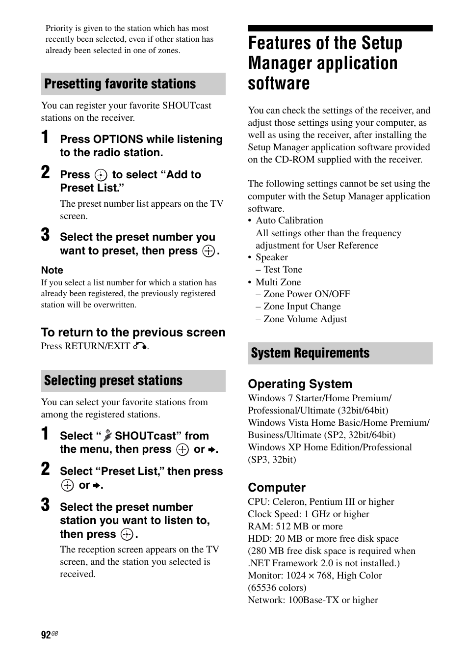 Features of the setup manager application software, Features of the setup manager application, Software | Sony STR-DA5600ES User Manual | Page 92 / 178