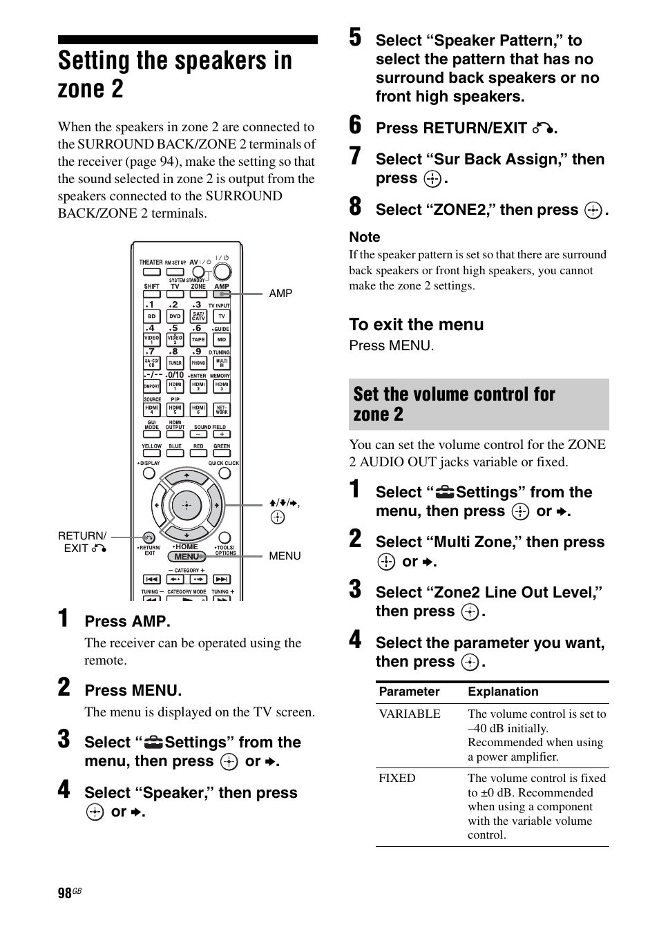 Setting the speakers in zone 2, Set the volume control for zone 2 | Sony STR-DA5600ES User Manual | Page 98 / 178