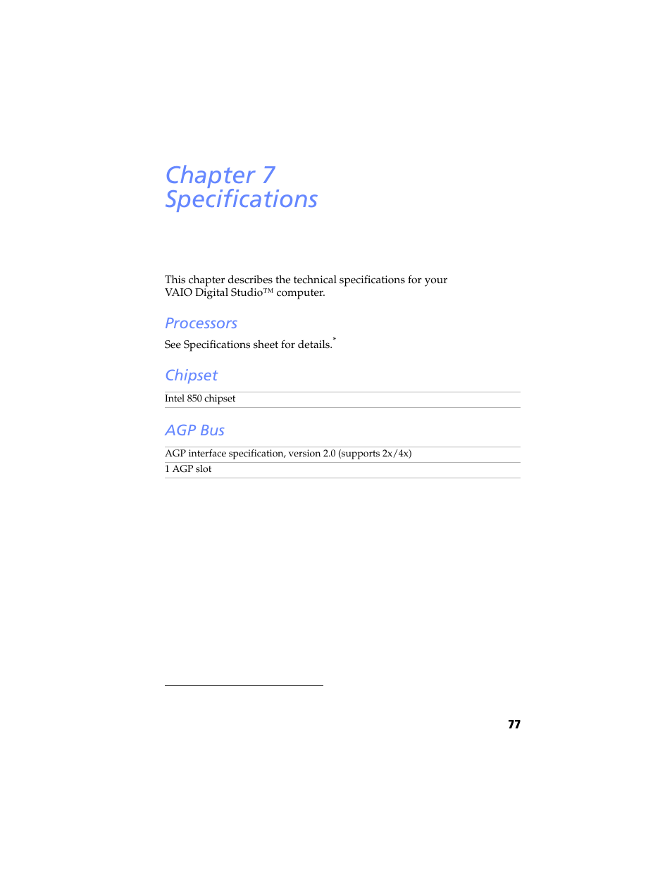 Specifications, Processors, Chipset | Agp bus, Chapter 7 — specifications, Processors chipset agp bus, Chapter 7 specifications, Chipset agp bus | Sony PCV-RX590G User Manual | Page 89 / 98