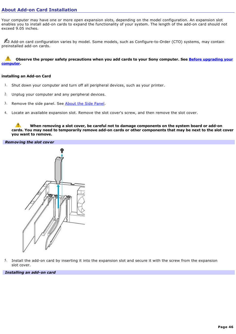 About add-on card installation | Sony PCV-RZ20CP User Manual | Page 46 / 87