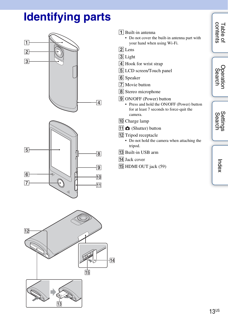 Identifying parts | Sony bloggie MHS-TS55 User Manual | Page 13 / 75