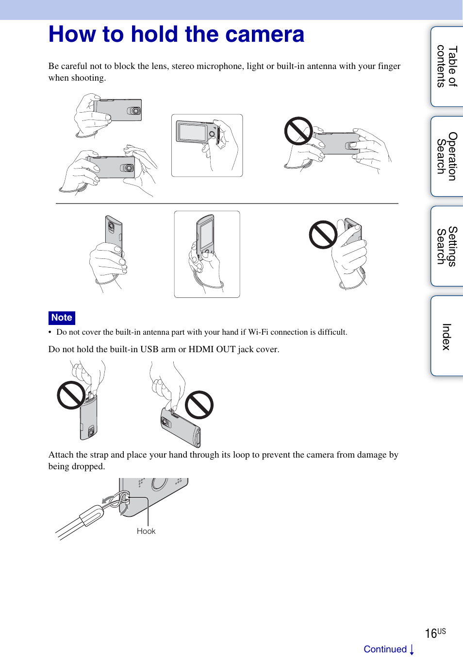 How to hold the camera | Sony bloggie MHS-TS55 User Manual | Page 16 / 75
