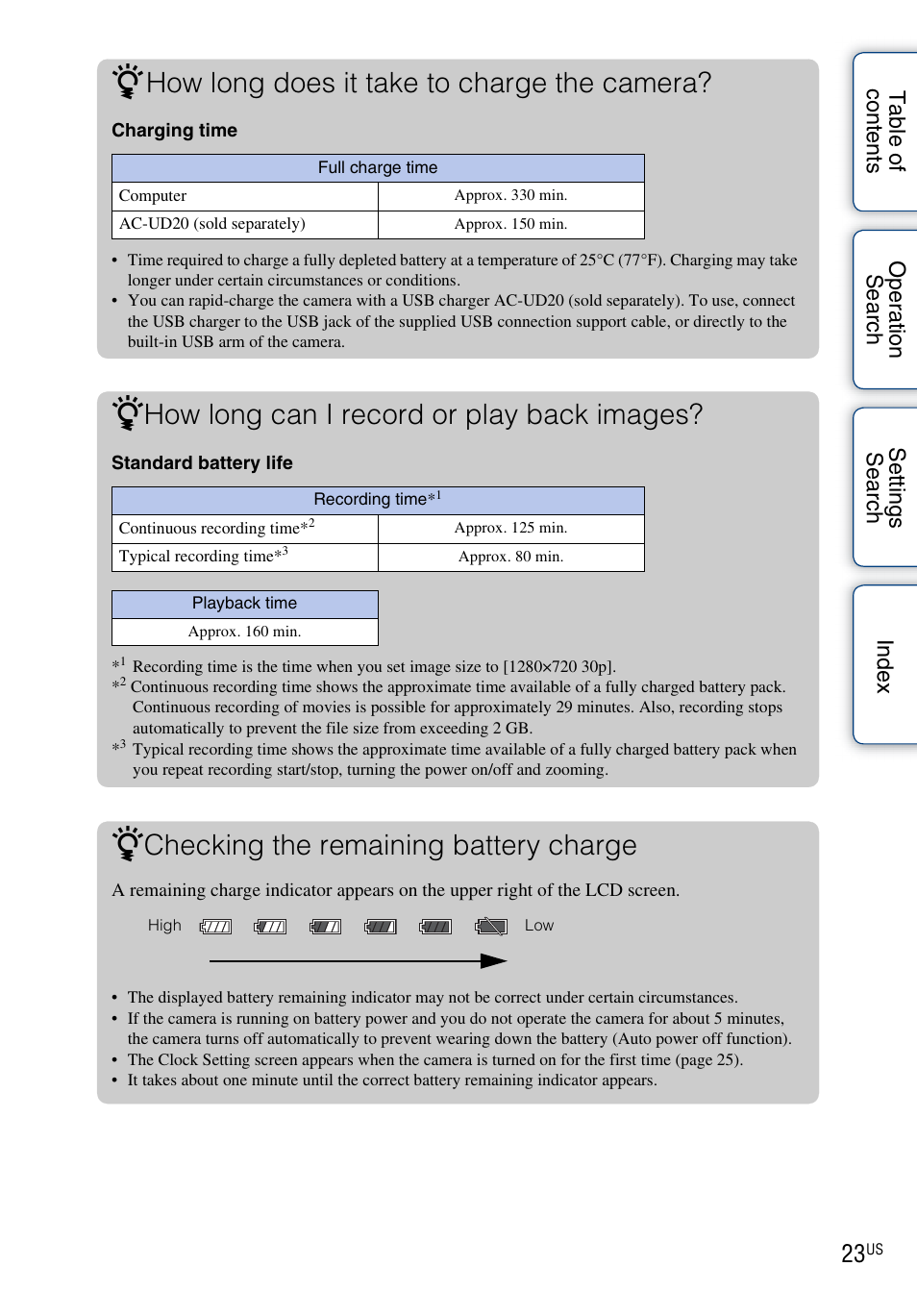 How long does it take to charge the camera, How long can i record or play back images, Checking the remaining battery charge | Sony bloggie MHS-TS55 User Manual | Page 23 / 75