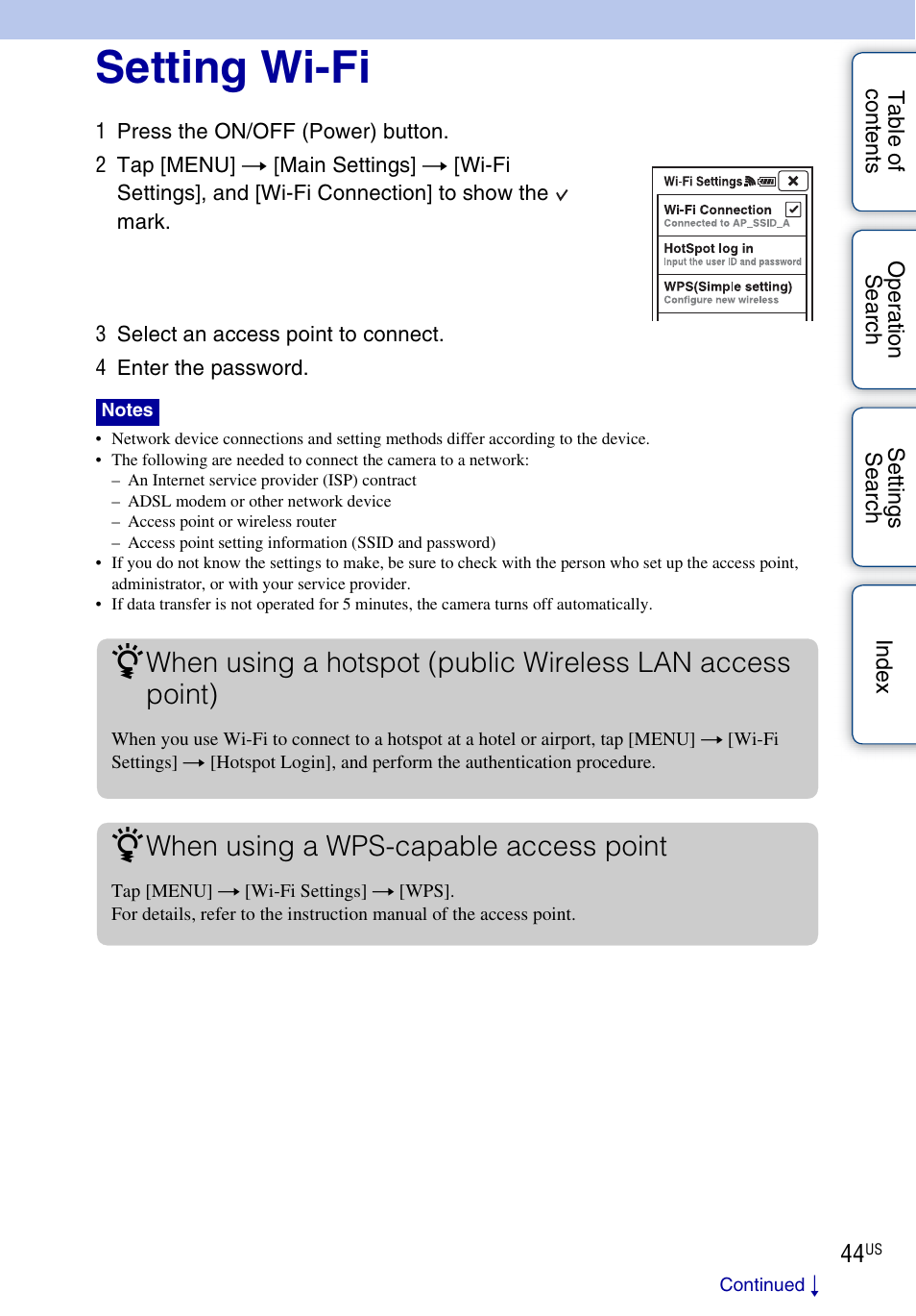 Setting wi-fi, Wi-fi settings, When using a wps-capable access point | Sony bloggie MHS-TS55 User Manual | Page 44 / 75