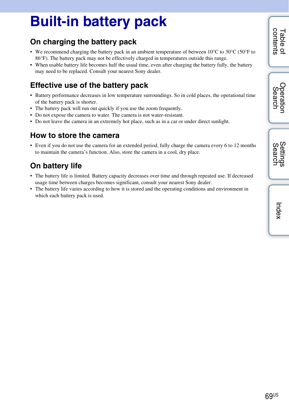 Built-in battery pack | Sony bloggie MHS-TS55 User Manual | Page 69 / 75