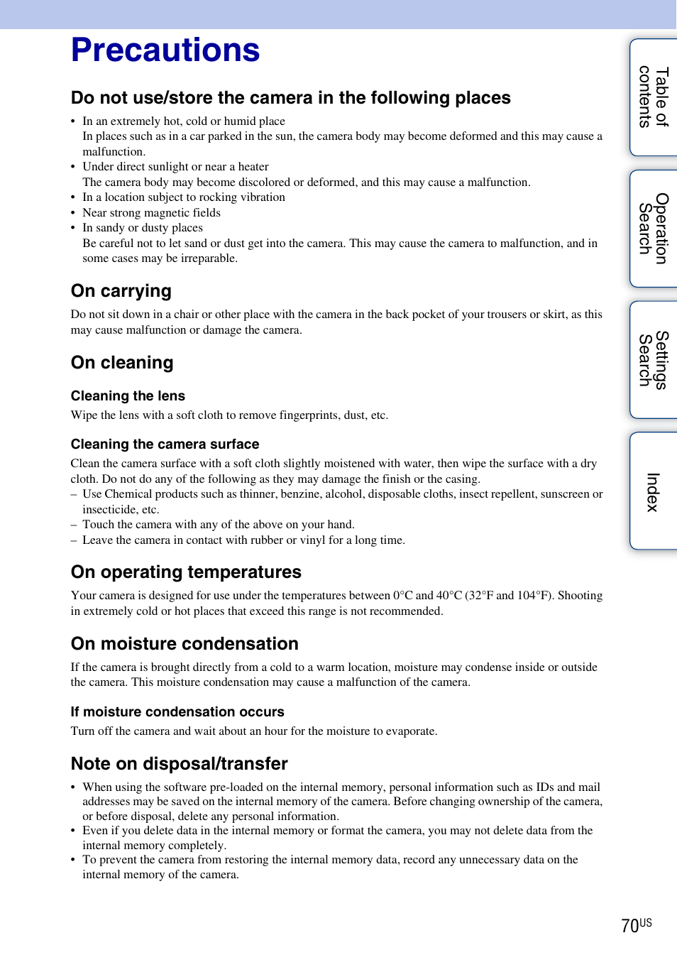 Precautions, On carrying, On cleaning | On operating temperatures, On moisture condensation | Sony bloggie MHS-TS55 User Manual | Page 70 / 75