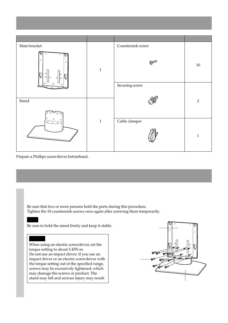 Instractions, Install the main bracket, Check the parts | Sony SU-P50T2 User Manual | Page 6 / 36