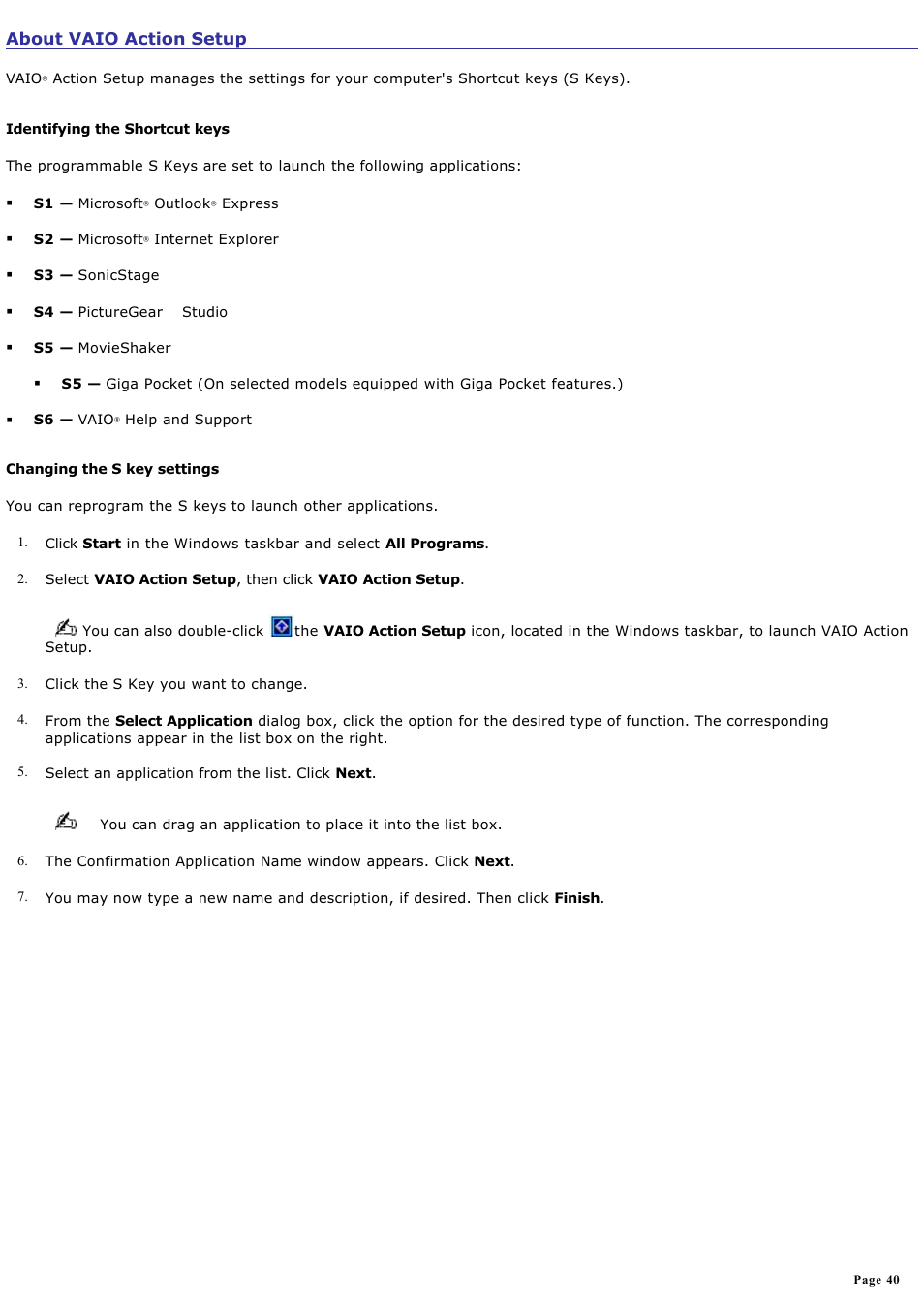 About vaio action setup | Sony PCV-RZ20CG User Manual | Page 40 / 87