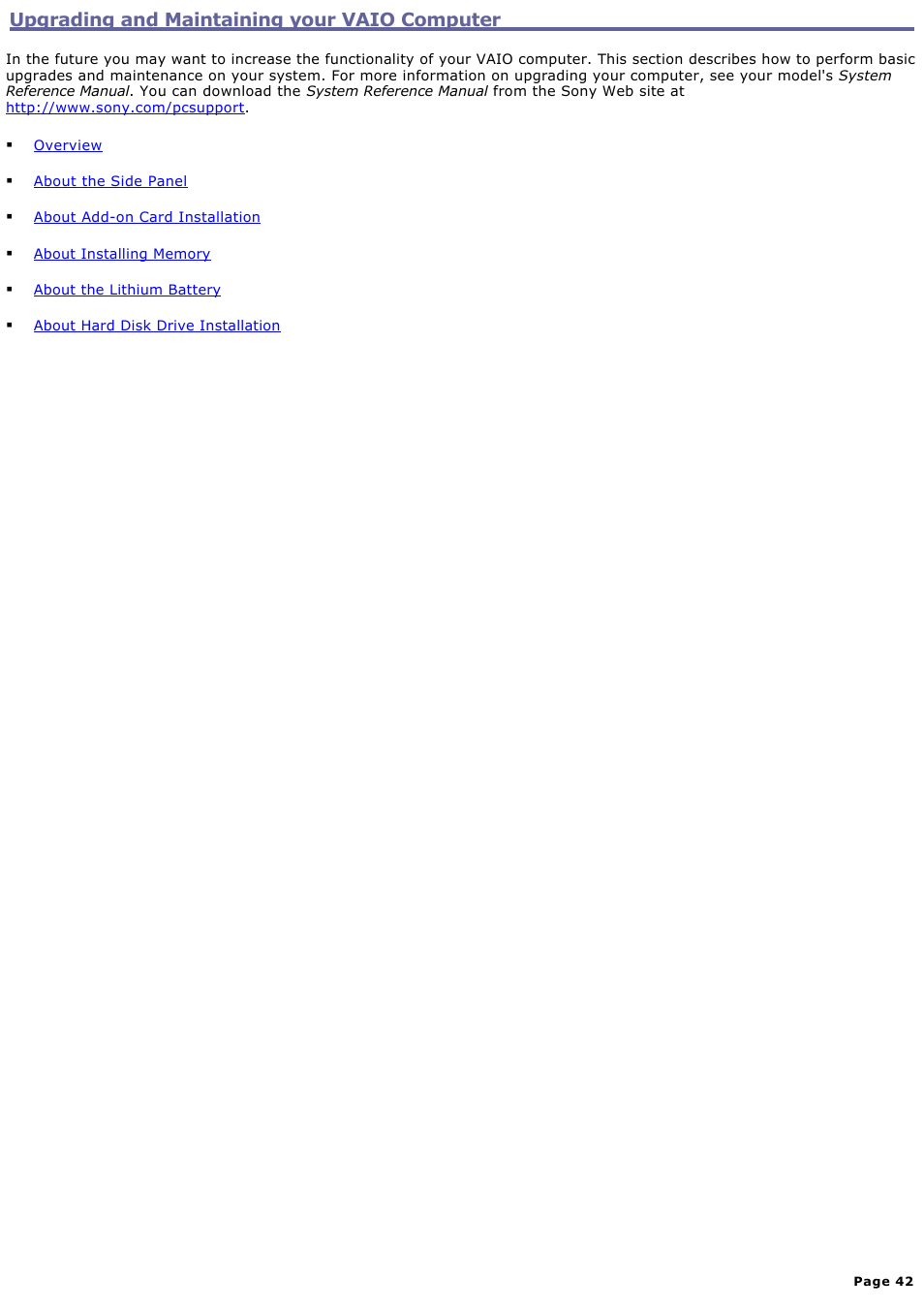 Upgrading and maintaining your vaio computer | Sony PCV-RZ20CG User Manual | Page 42 / 87