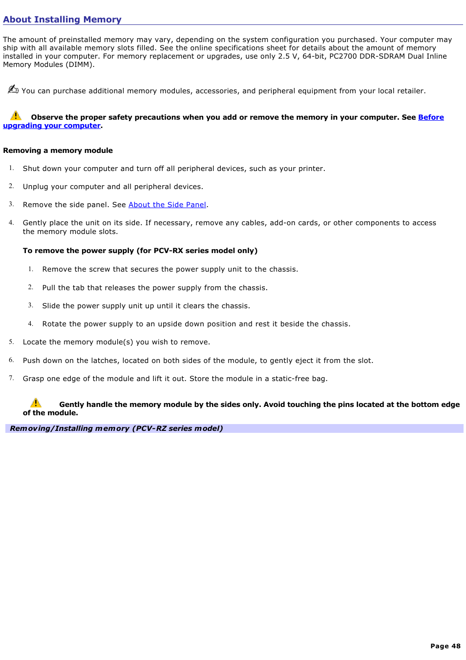 About installing memory | Sony PCV-RZ20CG User Manual | Page 48 / 87