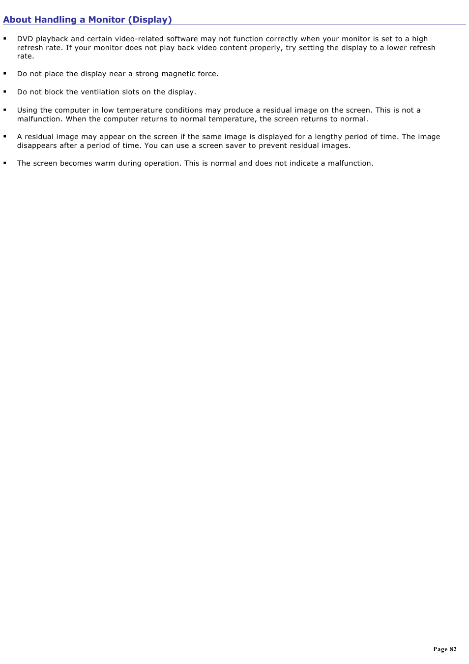 About handling a monitor (display) | Sony PCV-RZ20CG User Manual | Page 82 / 87