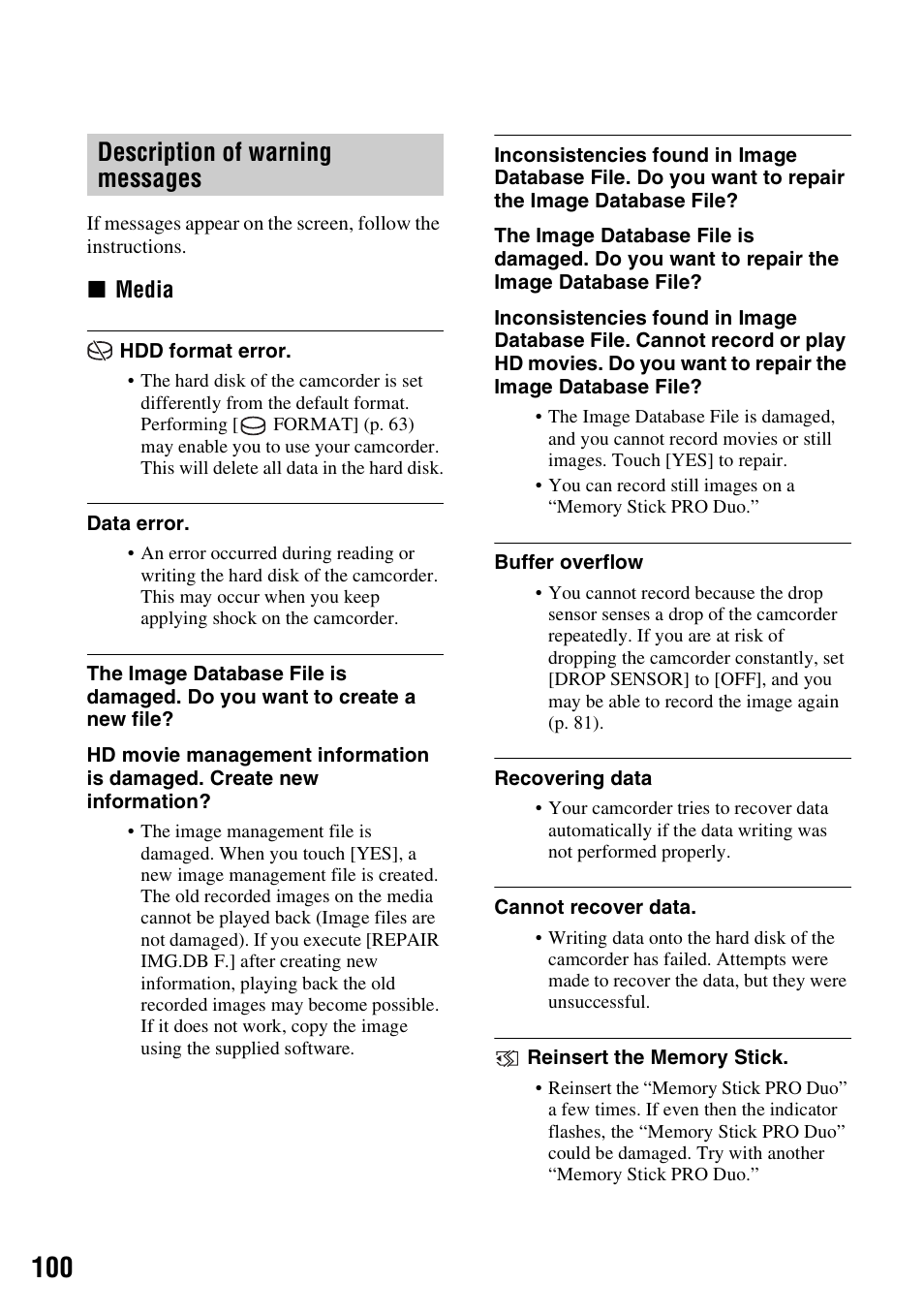 Description of warning messages | Sony HDR-SR11 User Manual | Page 100 / 124