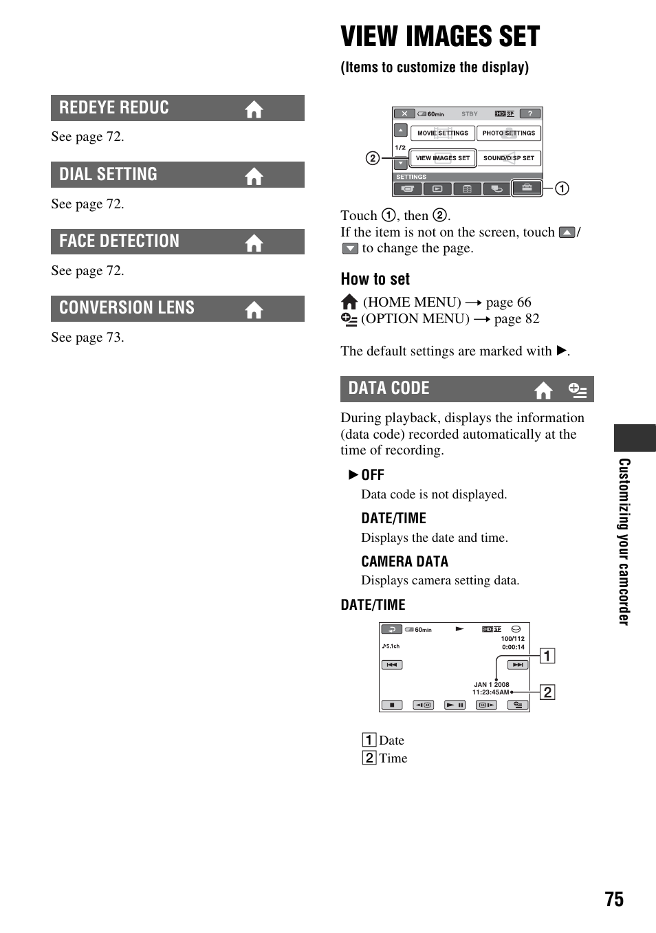 View images set (items to customize the display), View images set, Items to customize the display) | P. 75), Data code | Sony HDR-SR11 User Manual | Page 75 / 124
