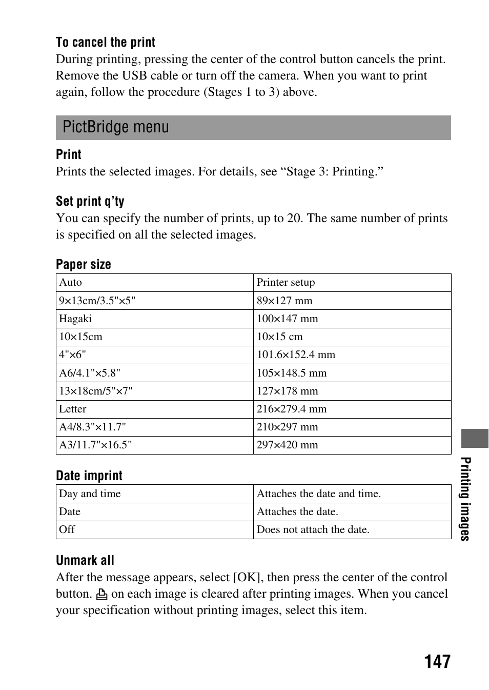 T (147), Pictbridge menu | Sony A390L2LENSKIT User Manual | Page 147 / 170