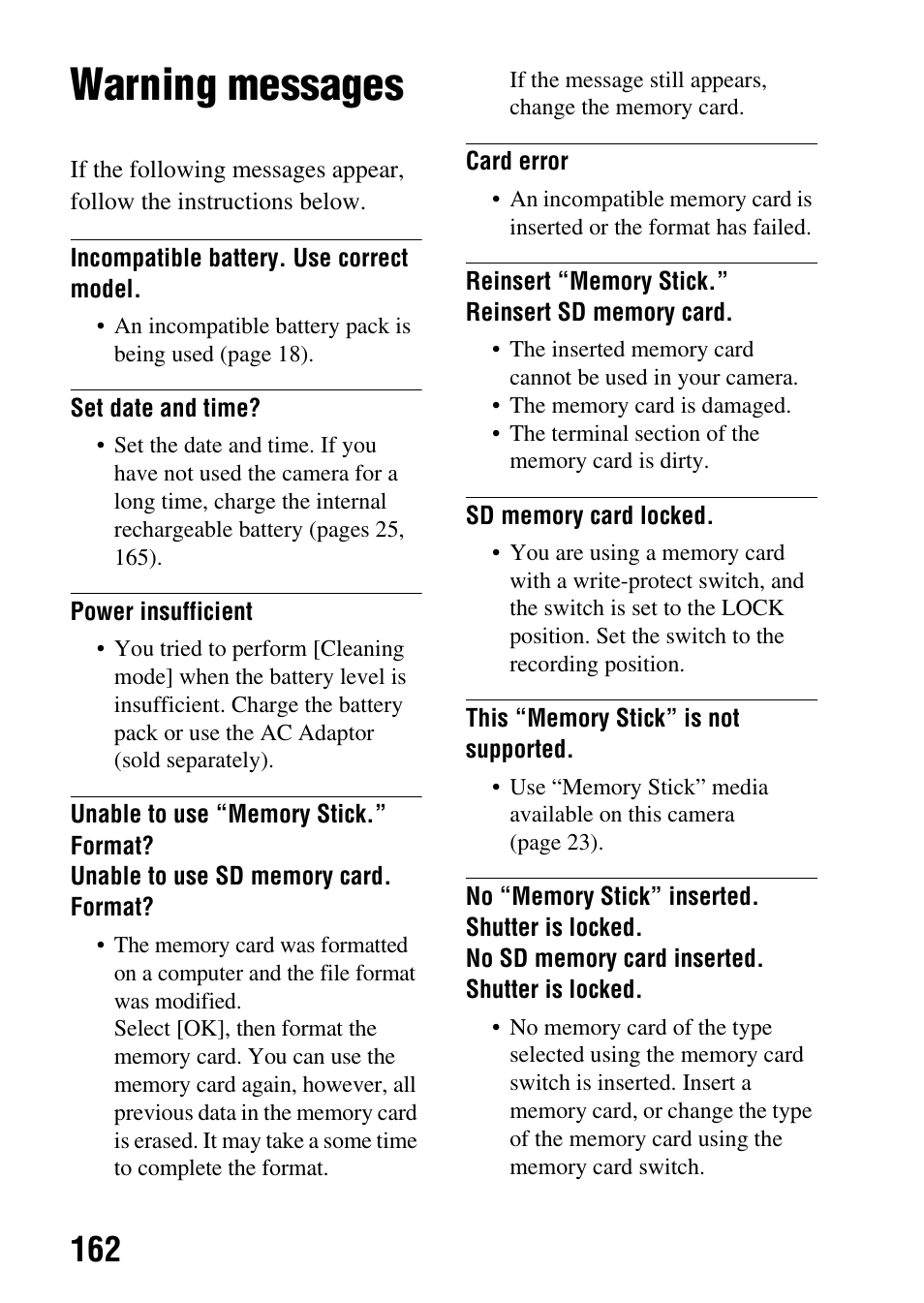 Warning messages | Sony A390L2LENSKIT User Manual | Page 162 / 170