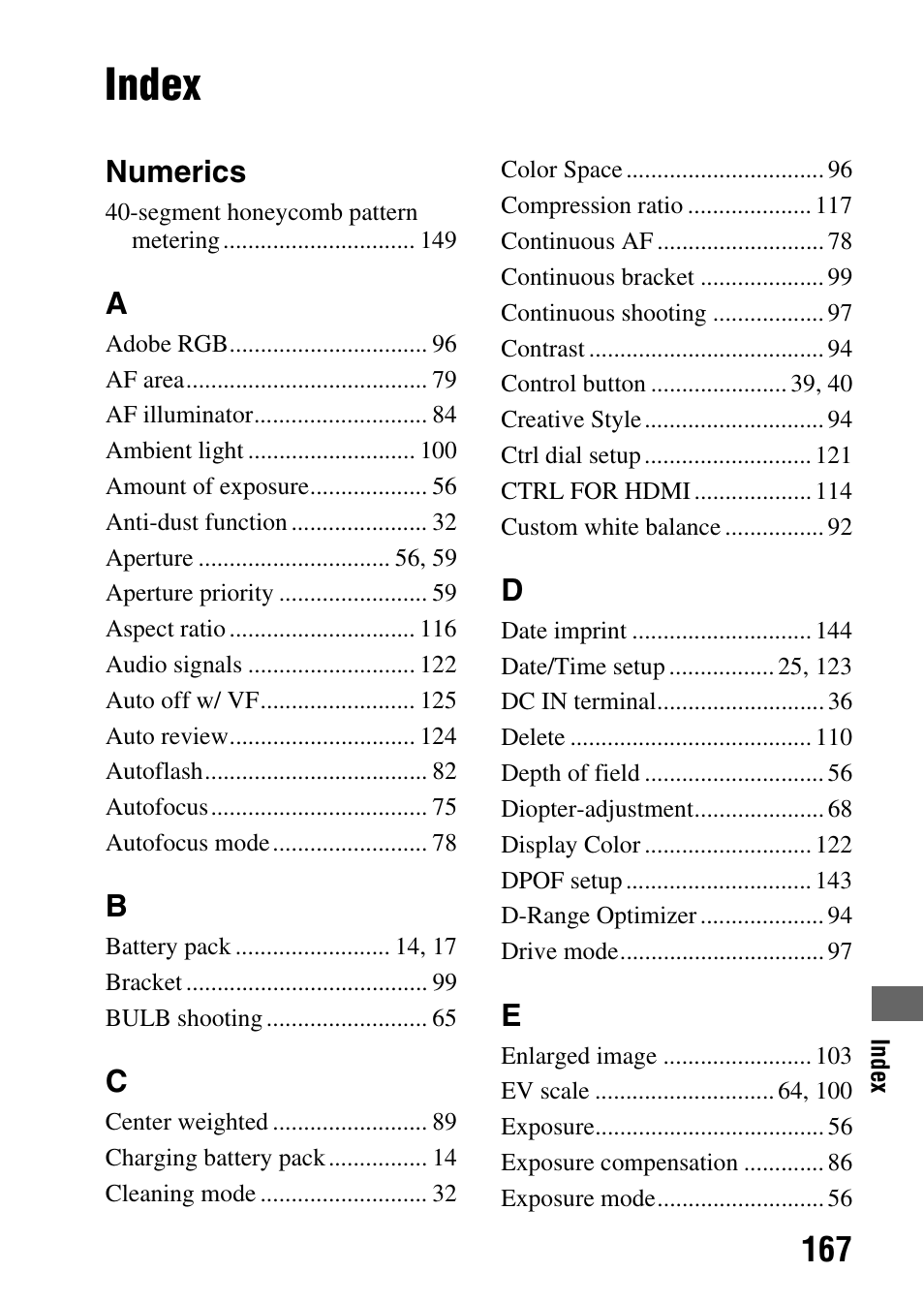Index, Numerics | Sony A390L2LENSKIT User Manual | Page 167 / 170