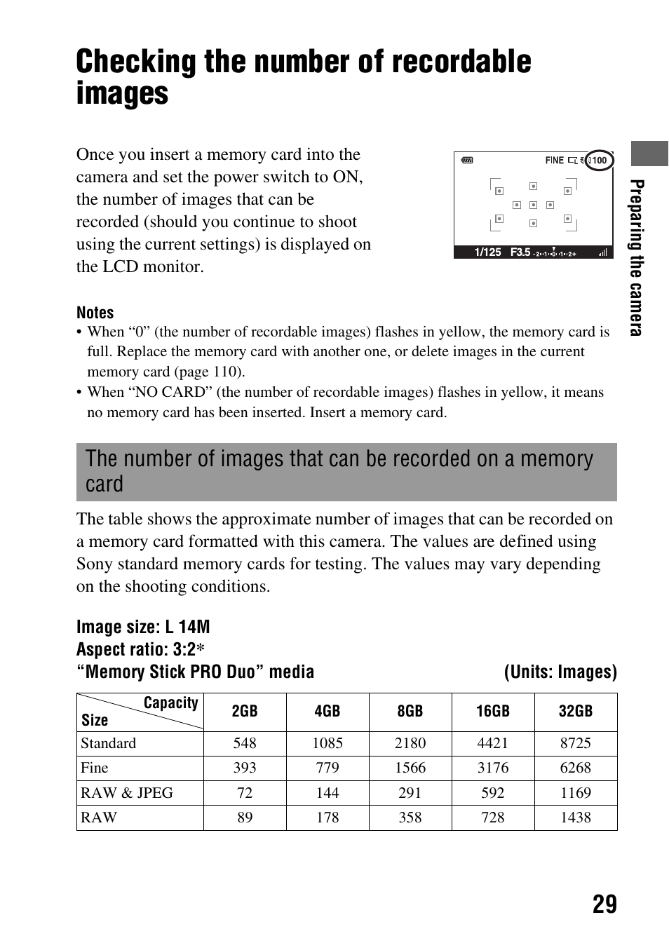 Checking the number of recordable images | Sony A390L2LENSKIT User Manual | Page 29 / 170