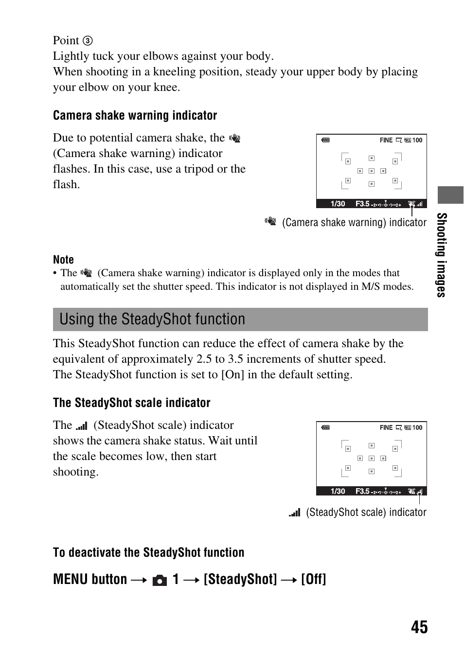 Using the steadyshot function, E (45), Menu button t 1 t [steadyshot] t [off | Sony A390L2LENSKIT User Manual | Page 45 / 170