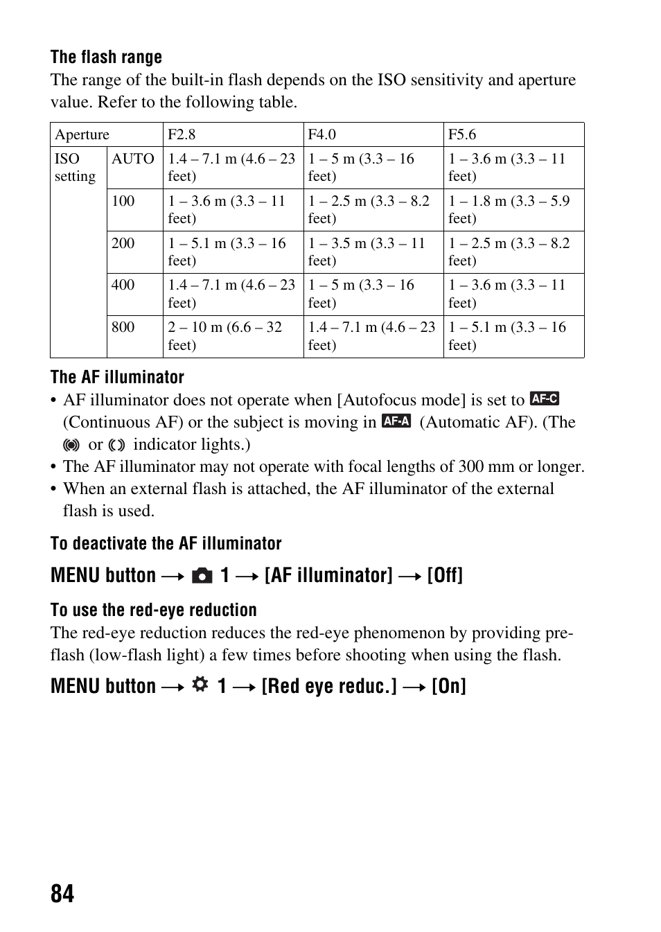 Ion (84), Eye reduc. (84), On (84) | Menu button t 1 t [af illuminator] t [off, Menu button t 1 t [red eye reduc.] t [on | Sony A390L2LENSKIT User Manual | Page 84 / 170