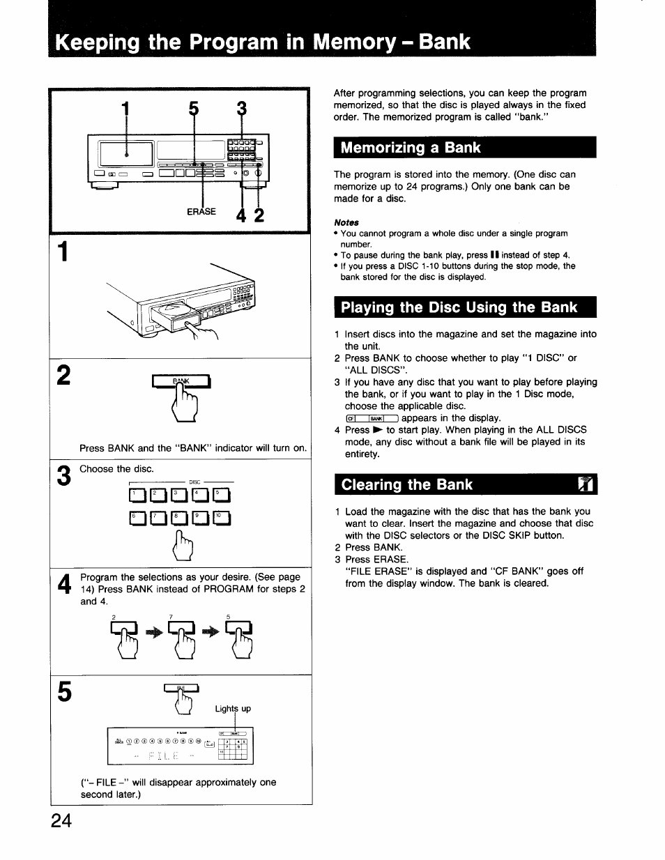 Keeping the program in memory - bank, Memorizing a bank, Playing the disc using the bank | Clearing the bank, Playing the disc using the bank ciearing the bank, Ooidqo ooqqid | Sony CDP-C910 User Manual | Page 24 / 26