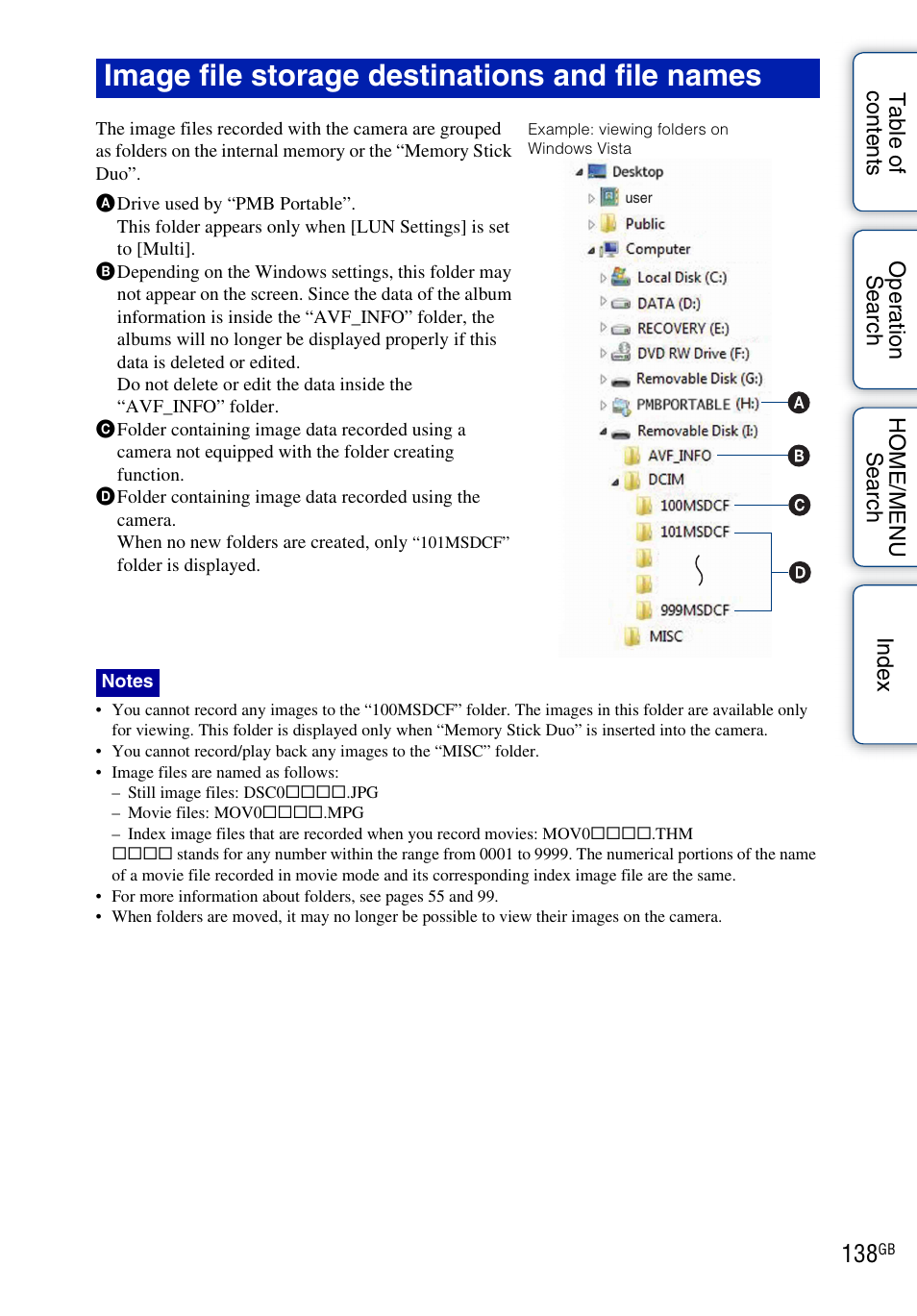 Image file storage destinations and file names | Sony DSC-G3 User Manual | Page 138 / 178