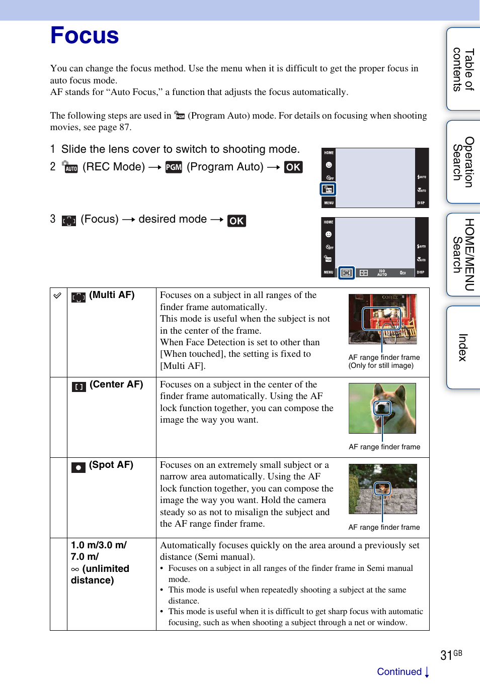 Focus | Sony DSC-G3 User Manual | Page 31 / 178