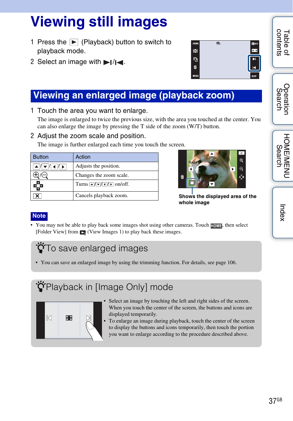 Viewing still images, Viewing an enlarged image (playback zoom), Playback in [image only] mode | Sony DSC-G3 User Manual | Page 37 / 178