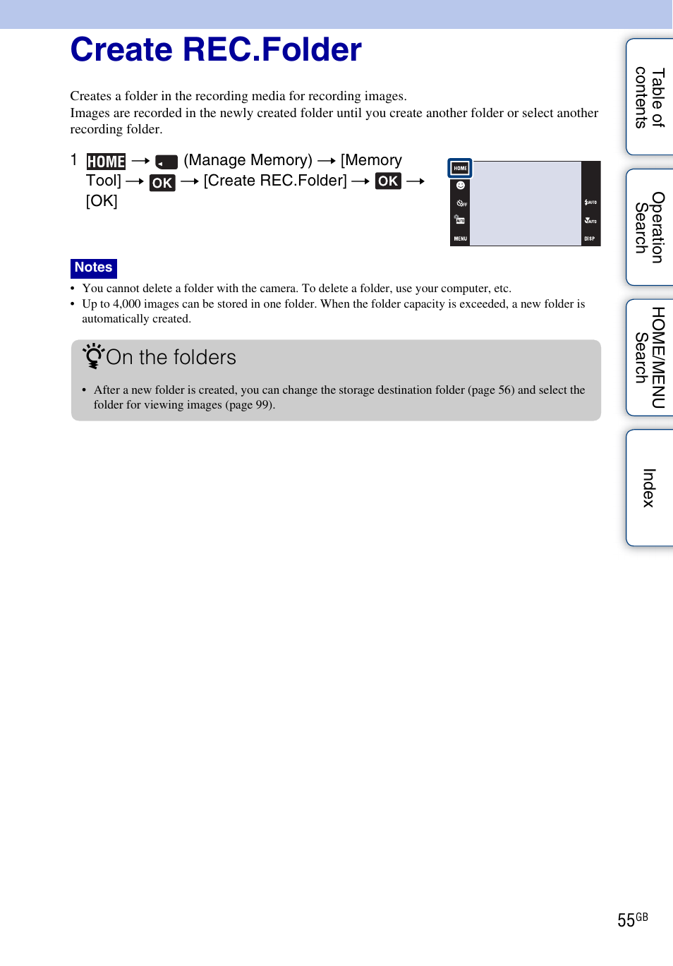 Create rec.folder, On the folders | Sony DSC-G3 User Manual | Page 55 / 178
