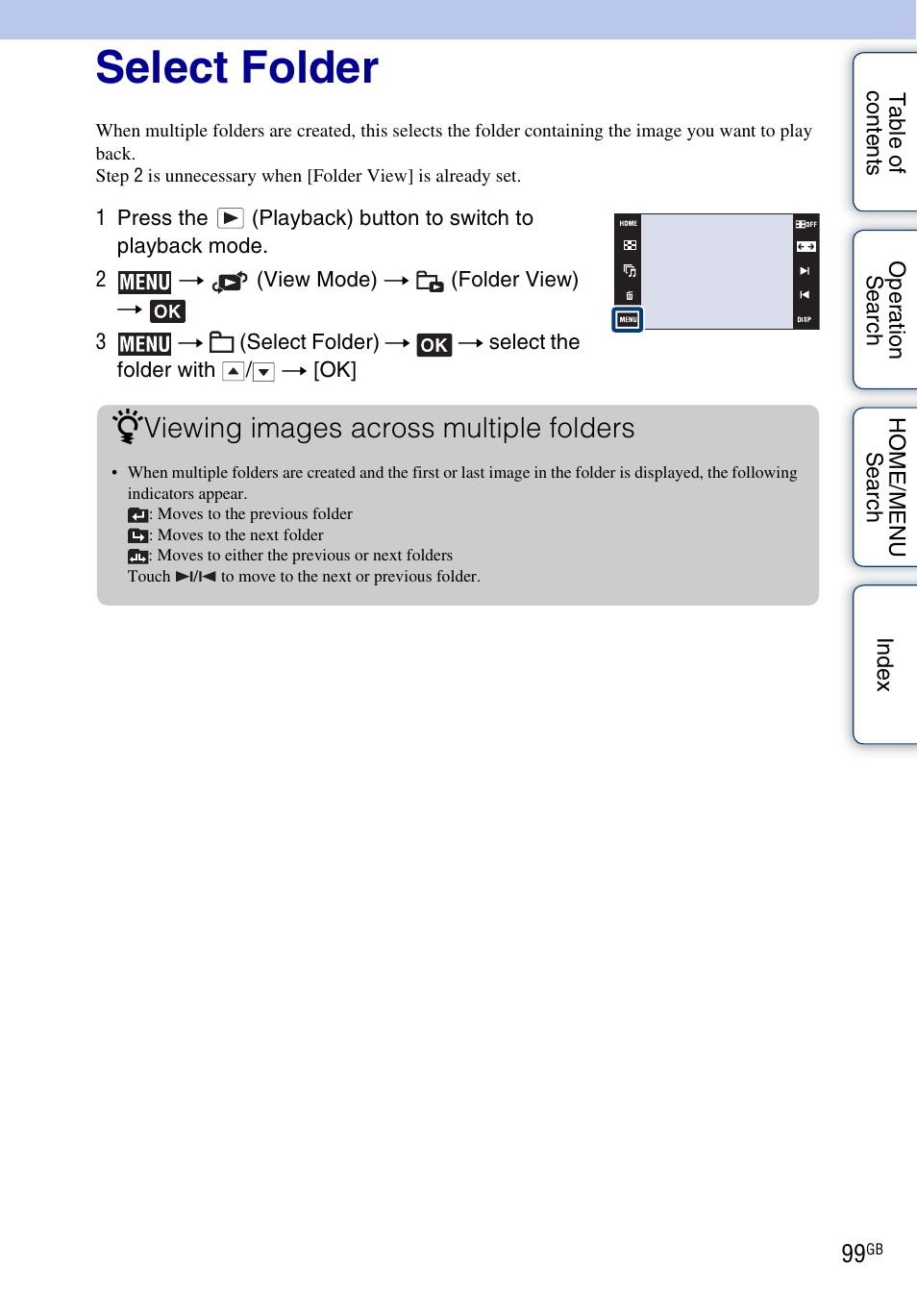 Select folder), Select folder, Viewing images across multiple folders | Sony DSC-G3 User Manual | Page 99 / 178