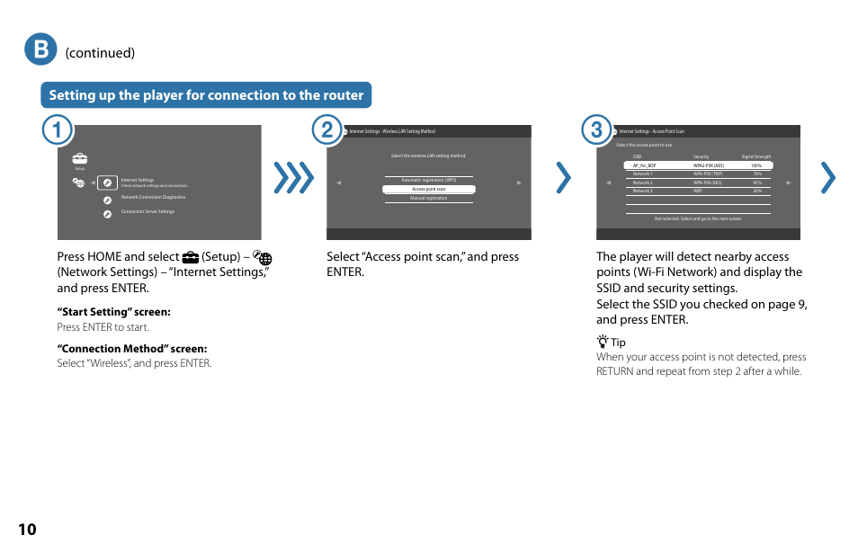 Setting up the player for connection to the router, Continued) | Sony BDP-S560 User Manual | Page 10 / 16