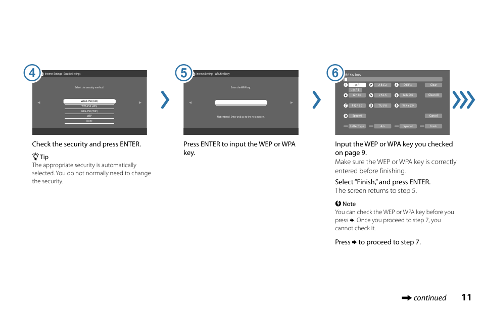 Continued, Check the security and press enter, Press  to proceed to step 7 | Sony BDP-S560 User Manual | Page 11 / 16