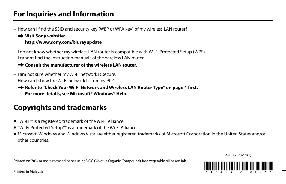 For inquiries and information, Copyrights and trademarks | Sony BDP-S560 User Manual | Page 16 / 16