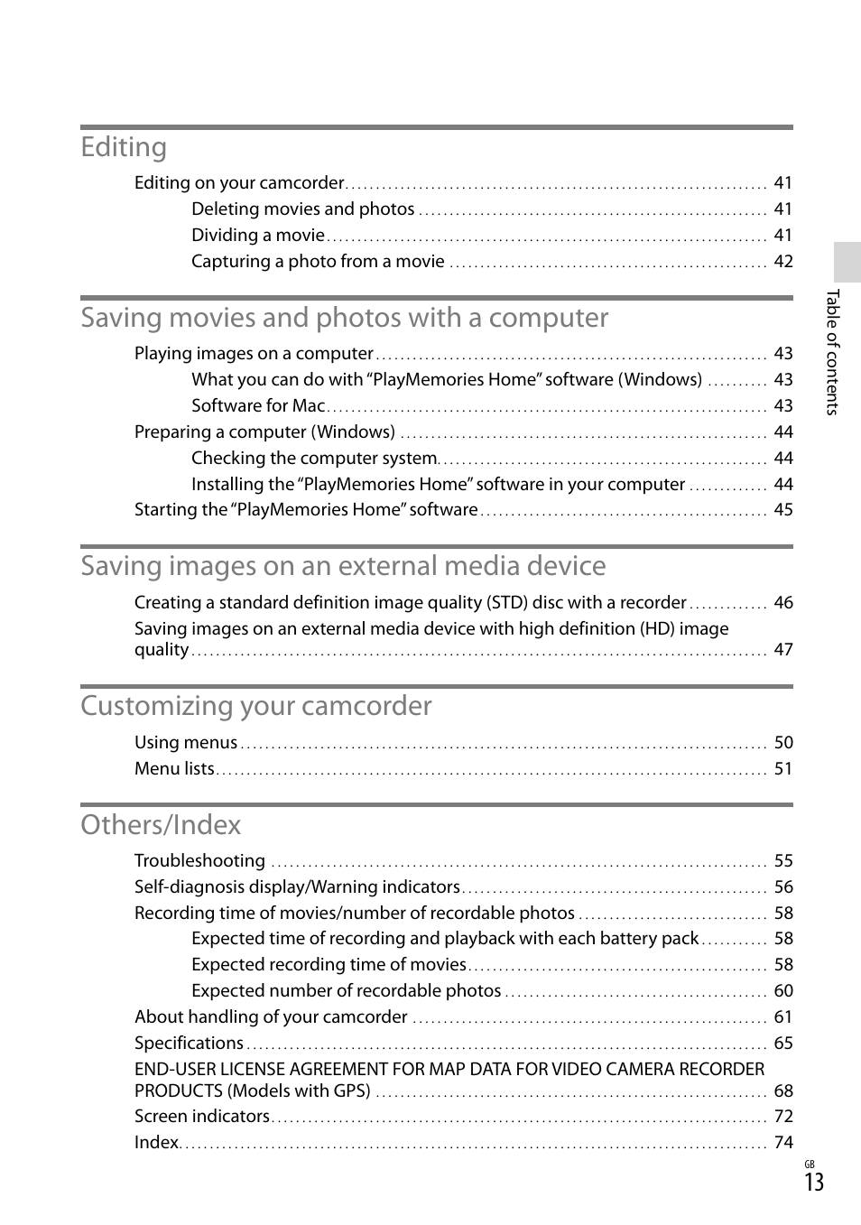 Editing, Saving movies and photos with a computer, Saving images on an external media device | Customizing your camcorder, Others/index | Sony HDR-PJ790V User Manual | Page 13 / 76