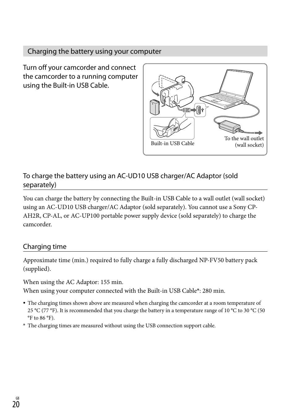 Charging the battery using your computer, Able (20) | Sony HDR-PJ790V User Manual | Page 20 / 76