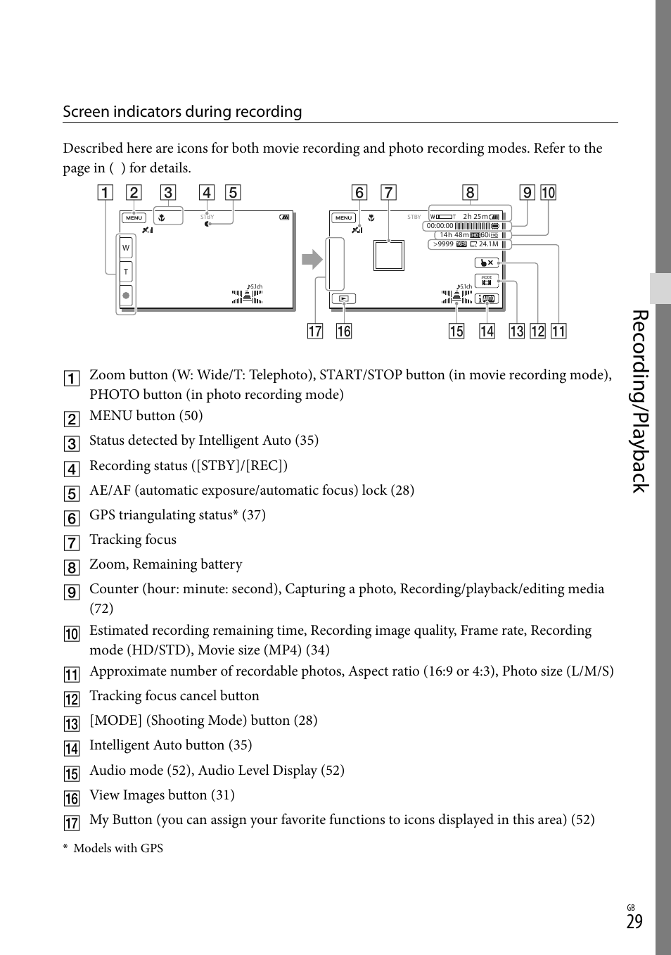 Rec or ding/p la yback, Screen indicators during recording | Sony HDR-PJ790V User Manual | Page 29 / 76