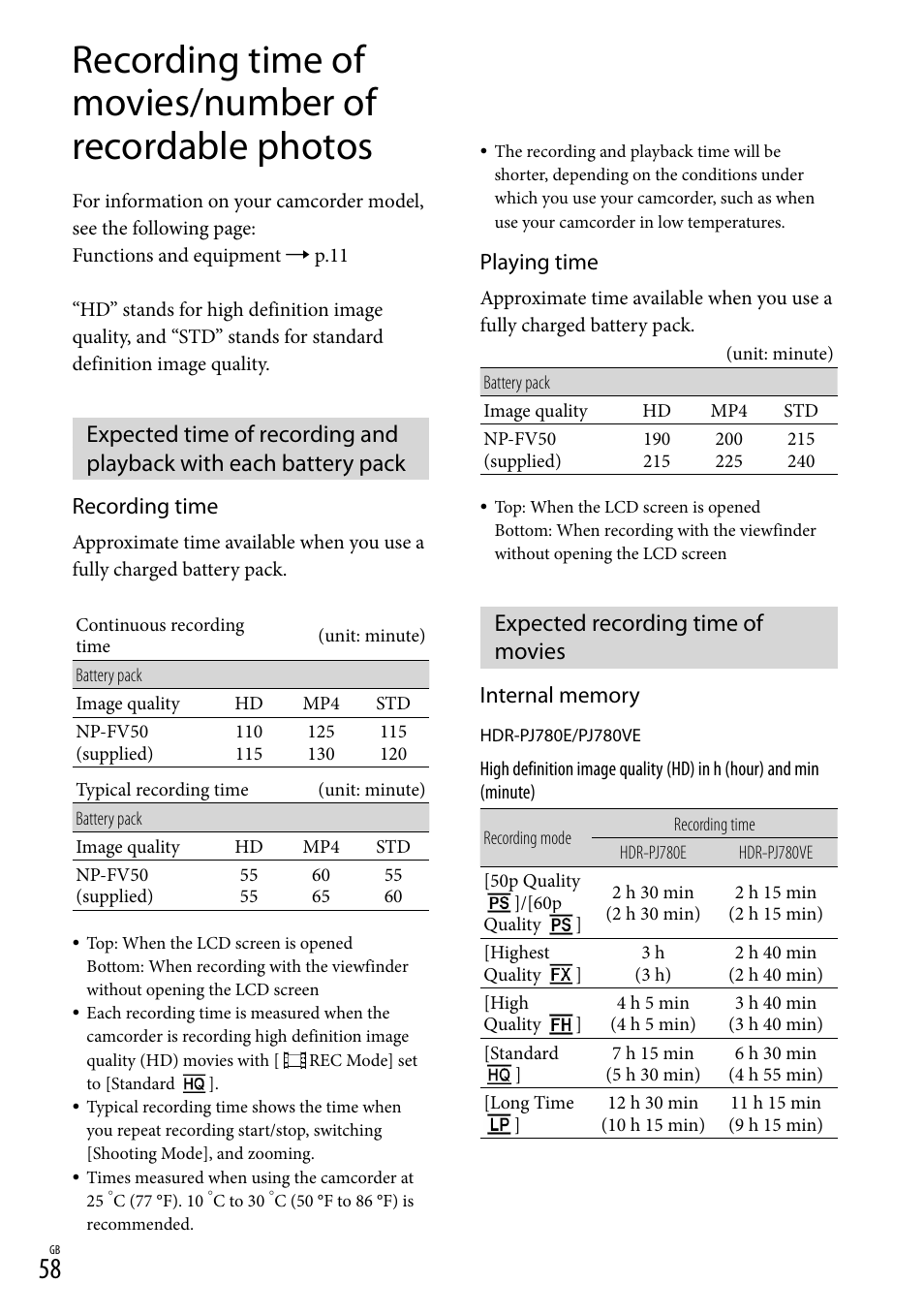 Expected recording time of movies, 58) o, 58, 60). d | Recording time, Playing time | Sony HDR-PJ790V User Manual | Page 58 / 76