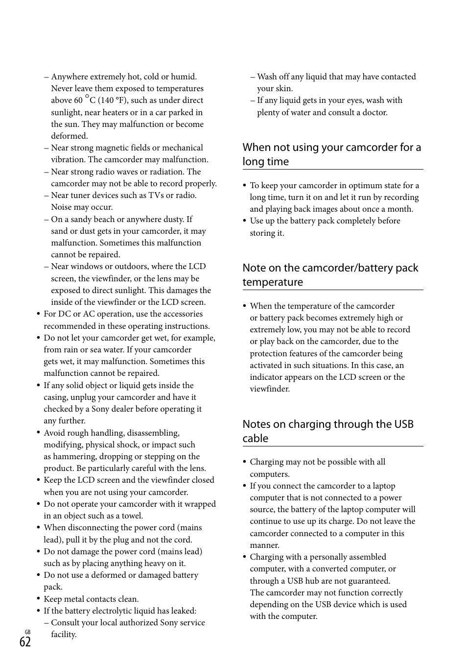 When not using your camcorder for a long time | Sony HDR-PJ790V User Manual | Page 62 / 76