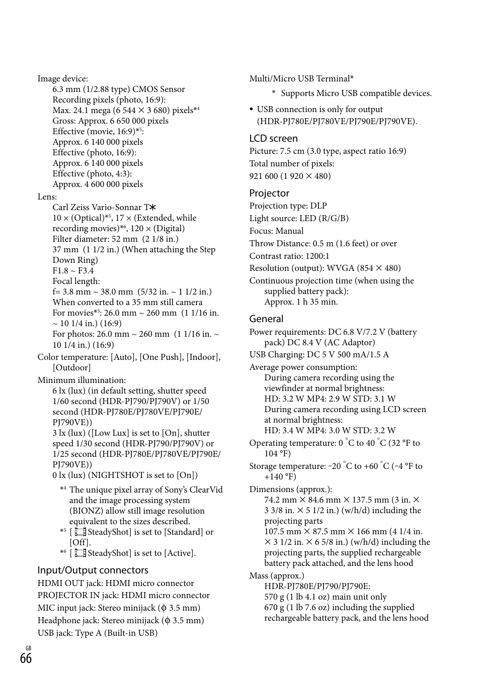 Input/output connectors, Lcd screen, Projector | General | Sony HDR-PJ790V User Manual | Page 66 / 76