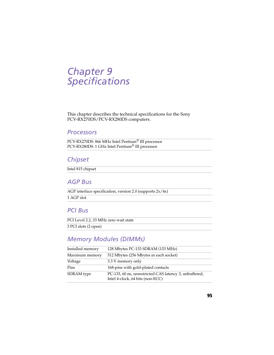 Specifications, Processors, Chipset | Agp bus, Pci bus, Memory modules (dimms), Chapter 9 — specifications, Chapter 9 specifications | Sony PCV-RX270DS User Manual | Page 109 / 118