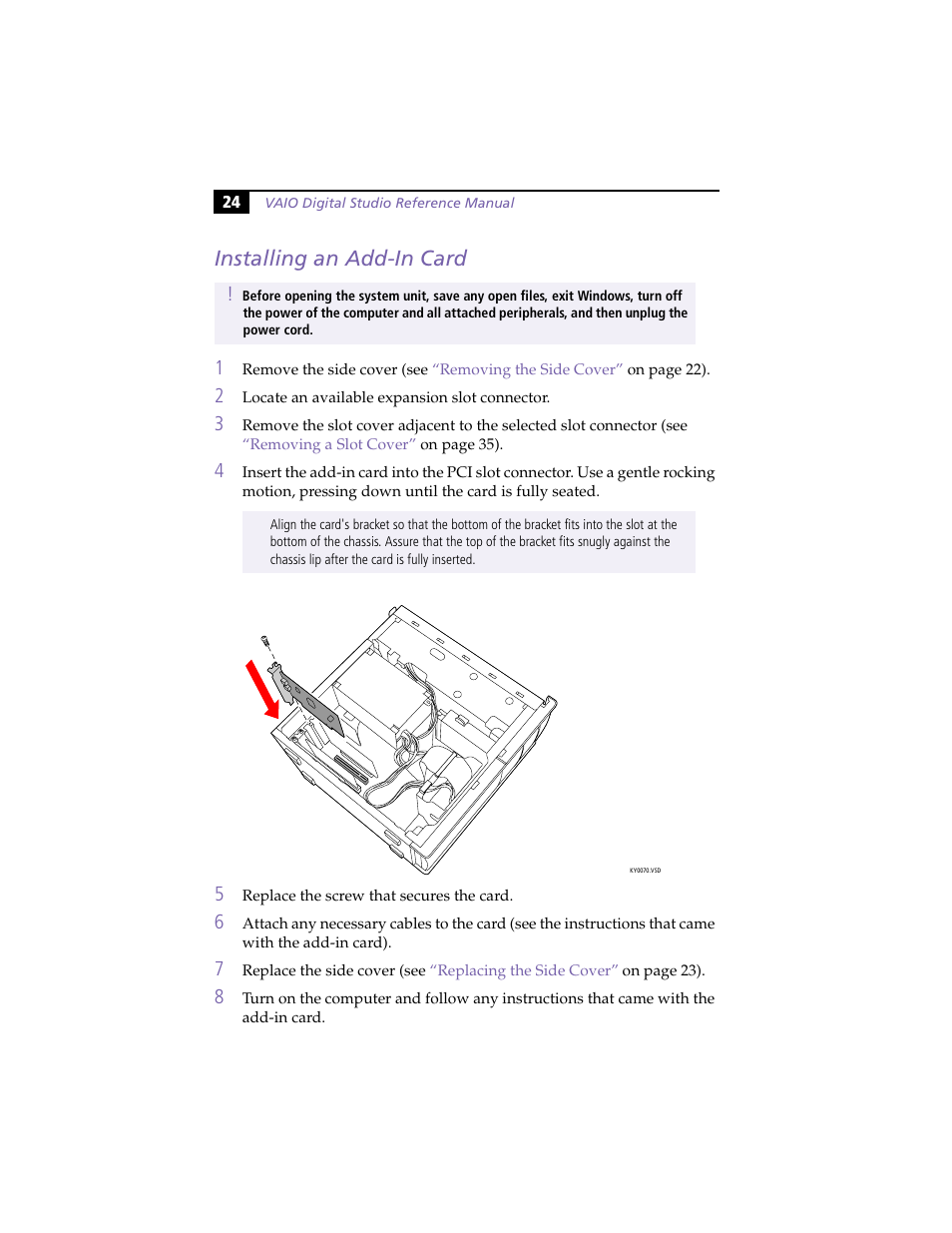 Installing an add-in card | Sony PCV-RX270DS User Manual | Page 38 / 118