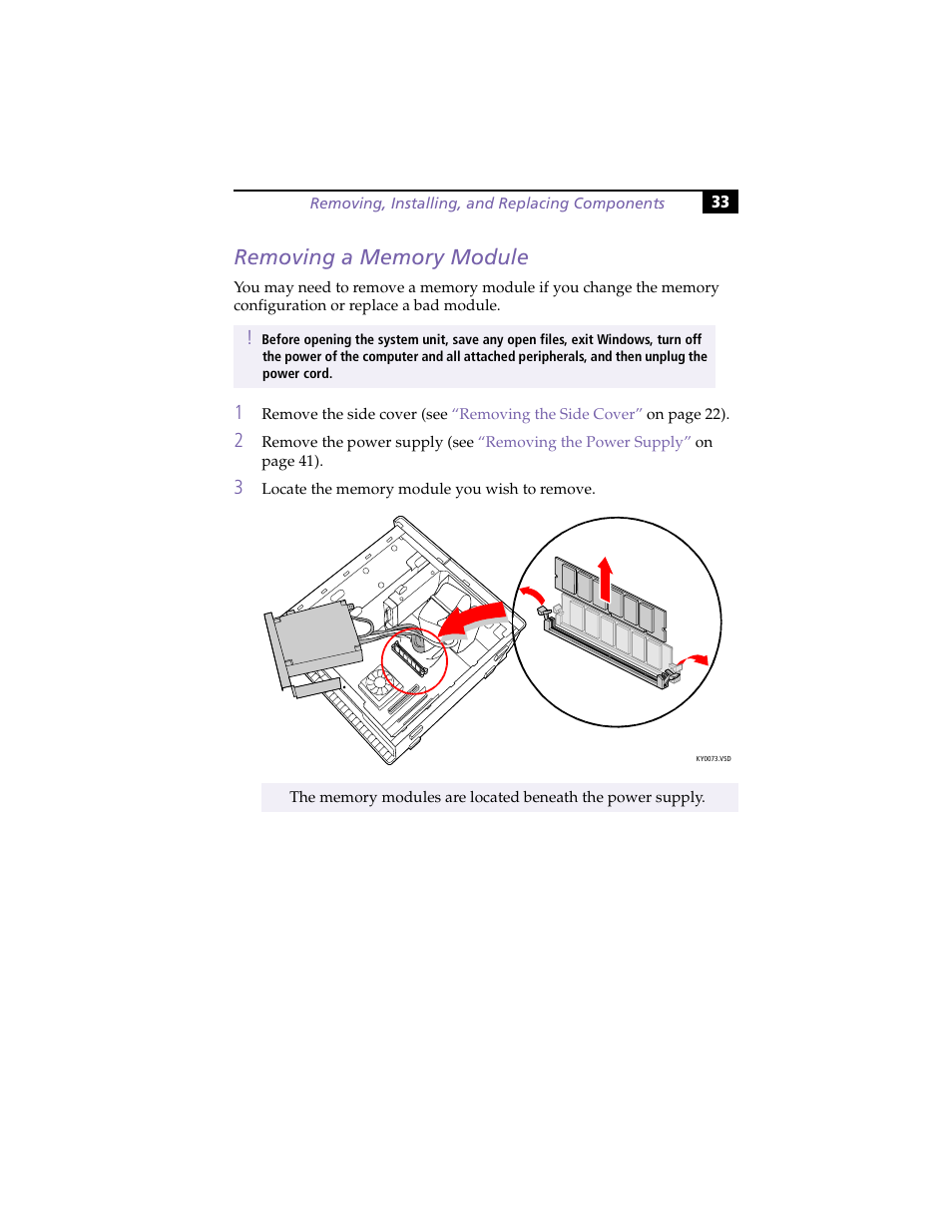 Removing a memory module | Sony PCV-RX270DS User Manual | Page 47 / 118