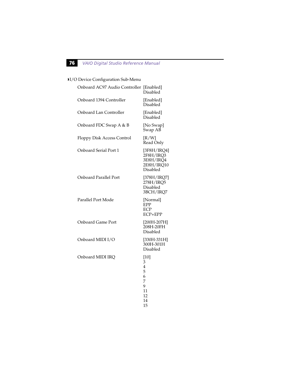 I/o device configuration sub-menu | Sony PCV-RX270DS User Manual | Page 90 / 118