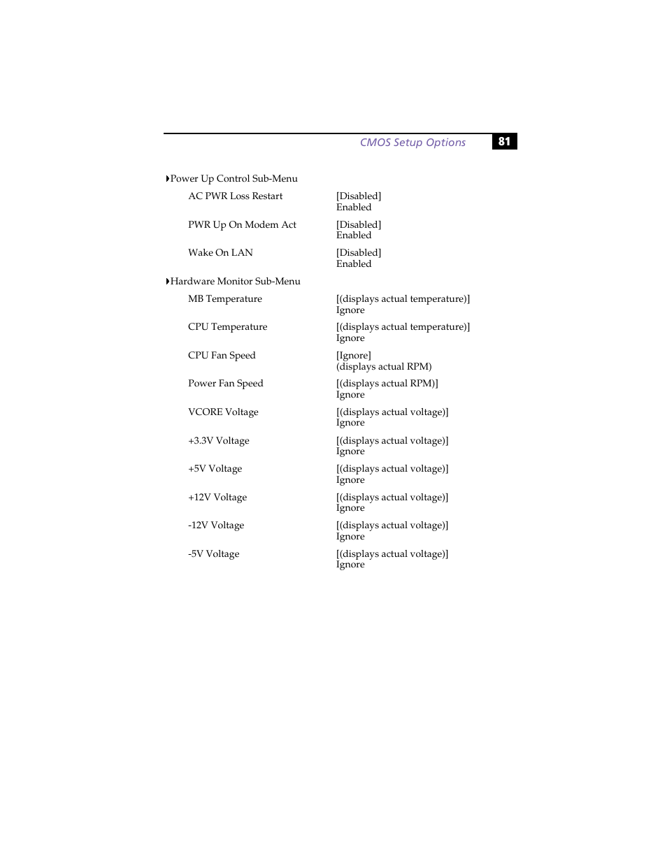 Power up control sub-menu, Hardware monitor sub-menu | Sony PCV-RX270DS User Manual | Page 95 / 118