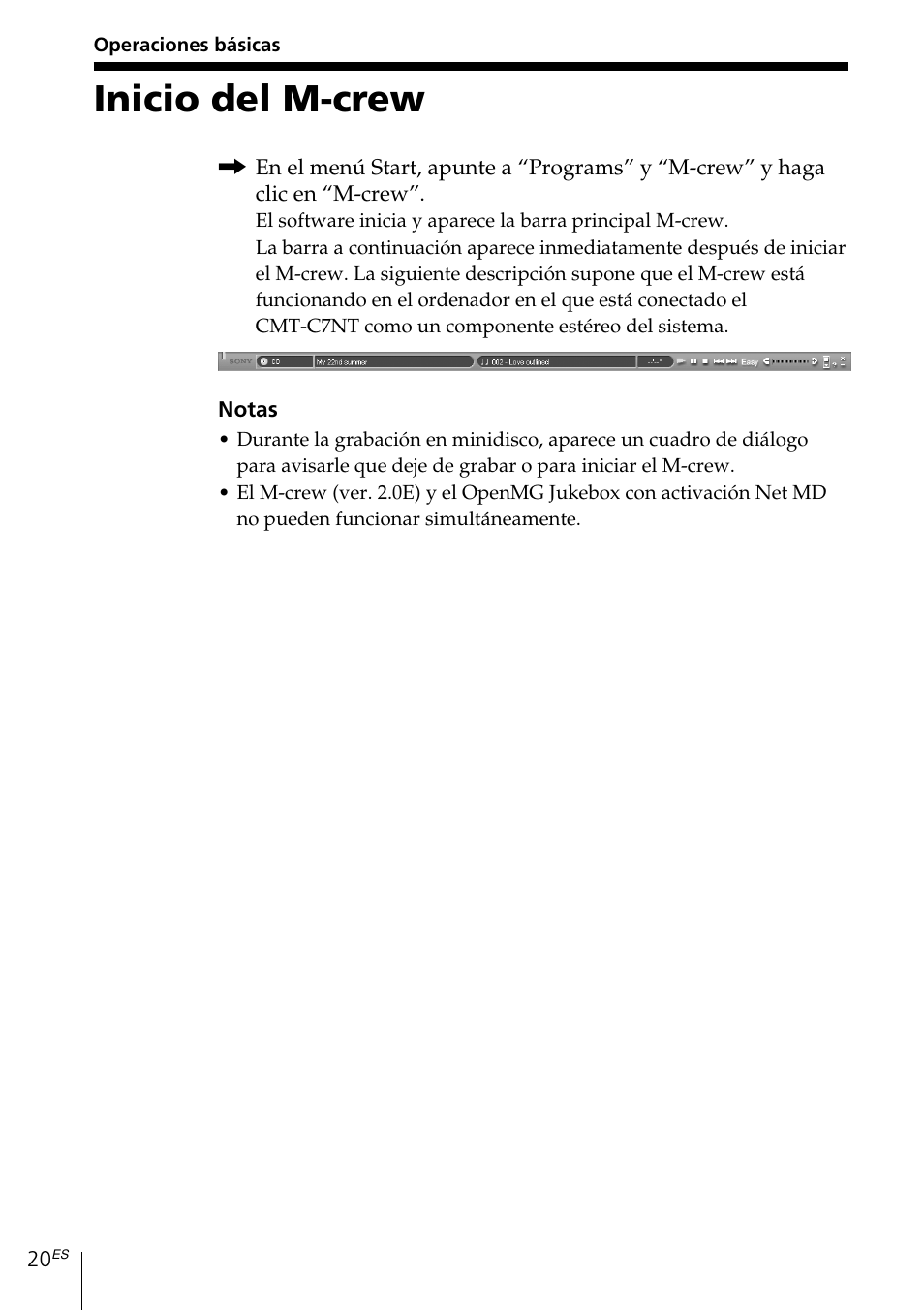 Operaciones básicas, Inicio del m-crew | Sony MDS-PC3 User Manual | Page 104 / 254