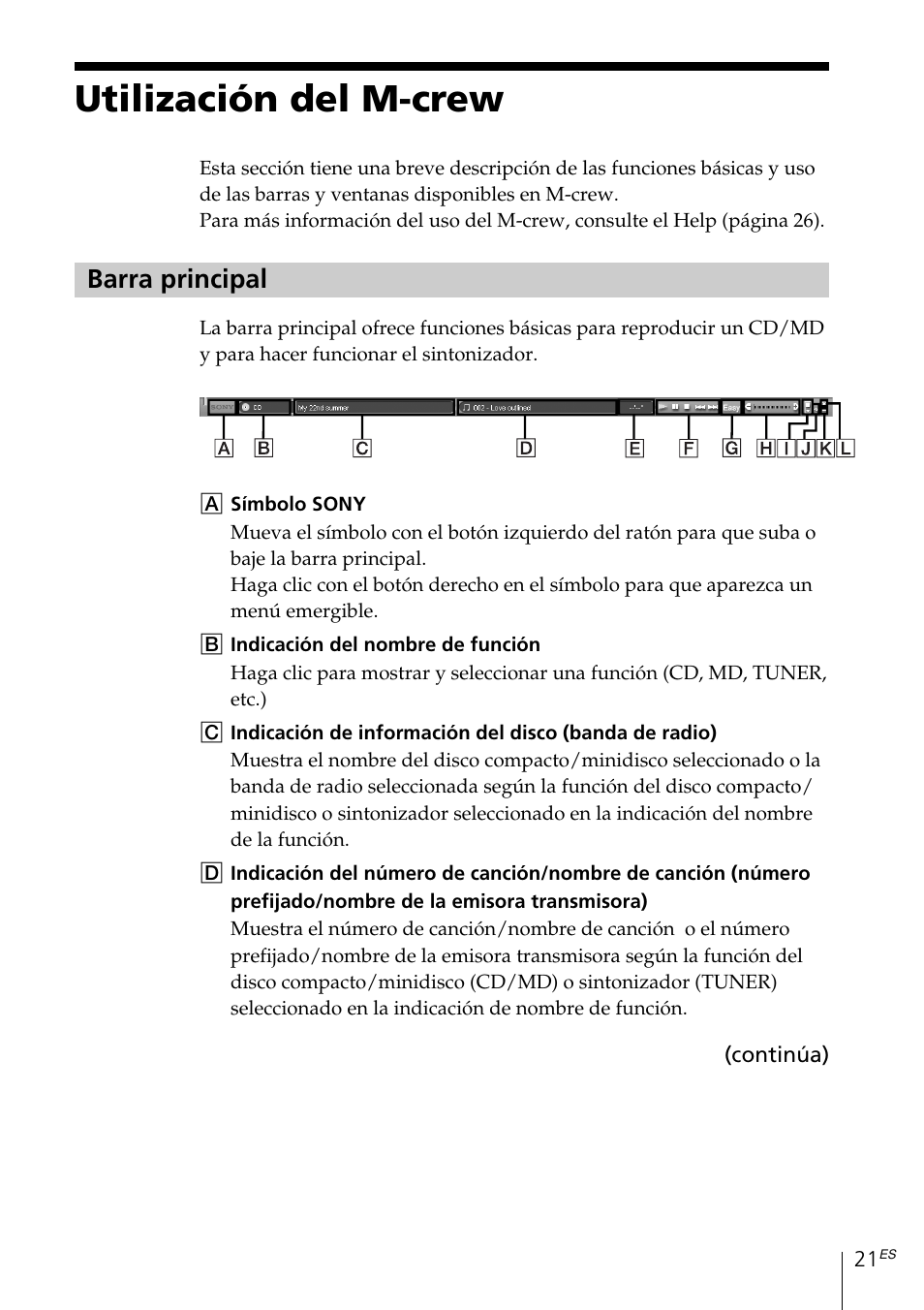 Utilización del m-crew, Barra principal | Sony MDS-PC3 User Manual | Page 105 / 254