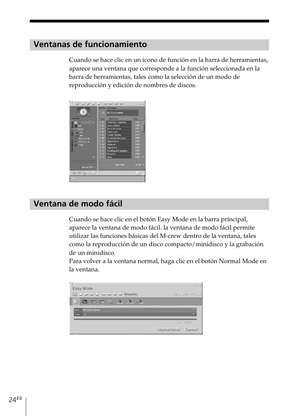 Ventanas de funcionamiento, Ventana de modo fácil | Sony MDS-PC3 User Manual | Page 108 / 254