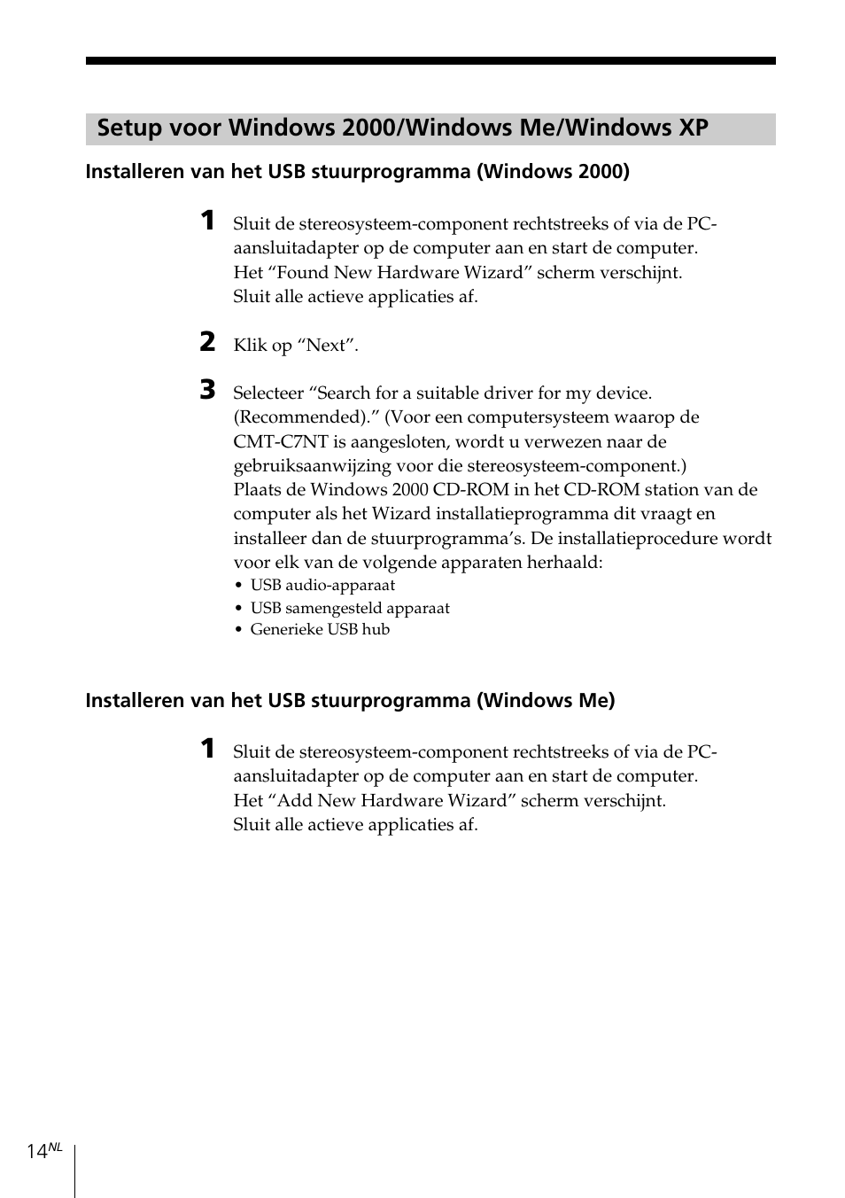 Setup voor windows 2000/windows me/windows xp | Sony MDS-PC3 User Manual | Page 126 / 254