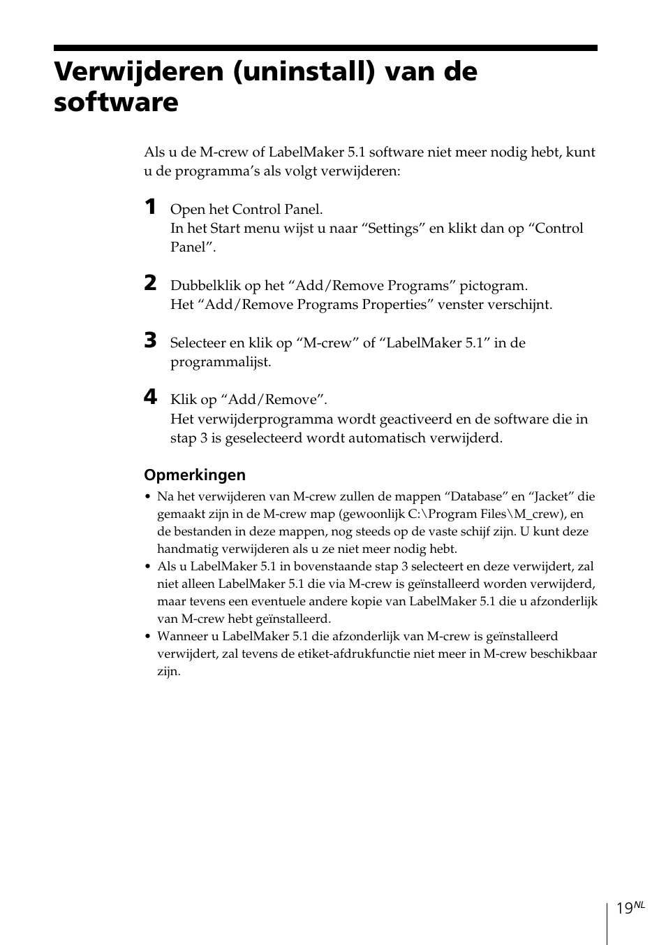 Verwijderen (uninstall) van de software | Sony MDS-PC3 User Manual | Page 131 / 254