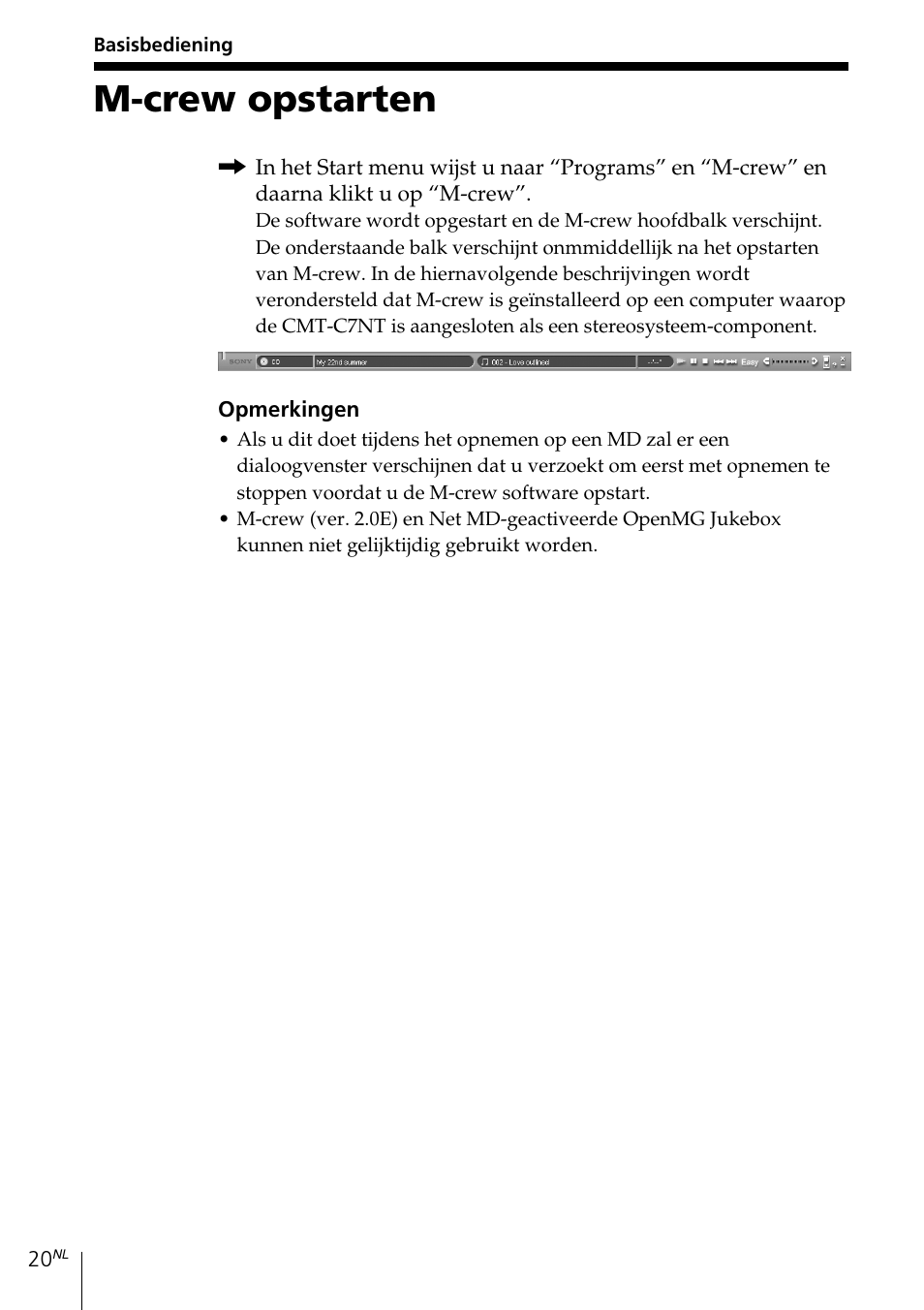 Basisbediening, M-crew opstarten | Sony MDS-PC3 User Manual | Page 132 / 254