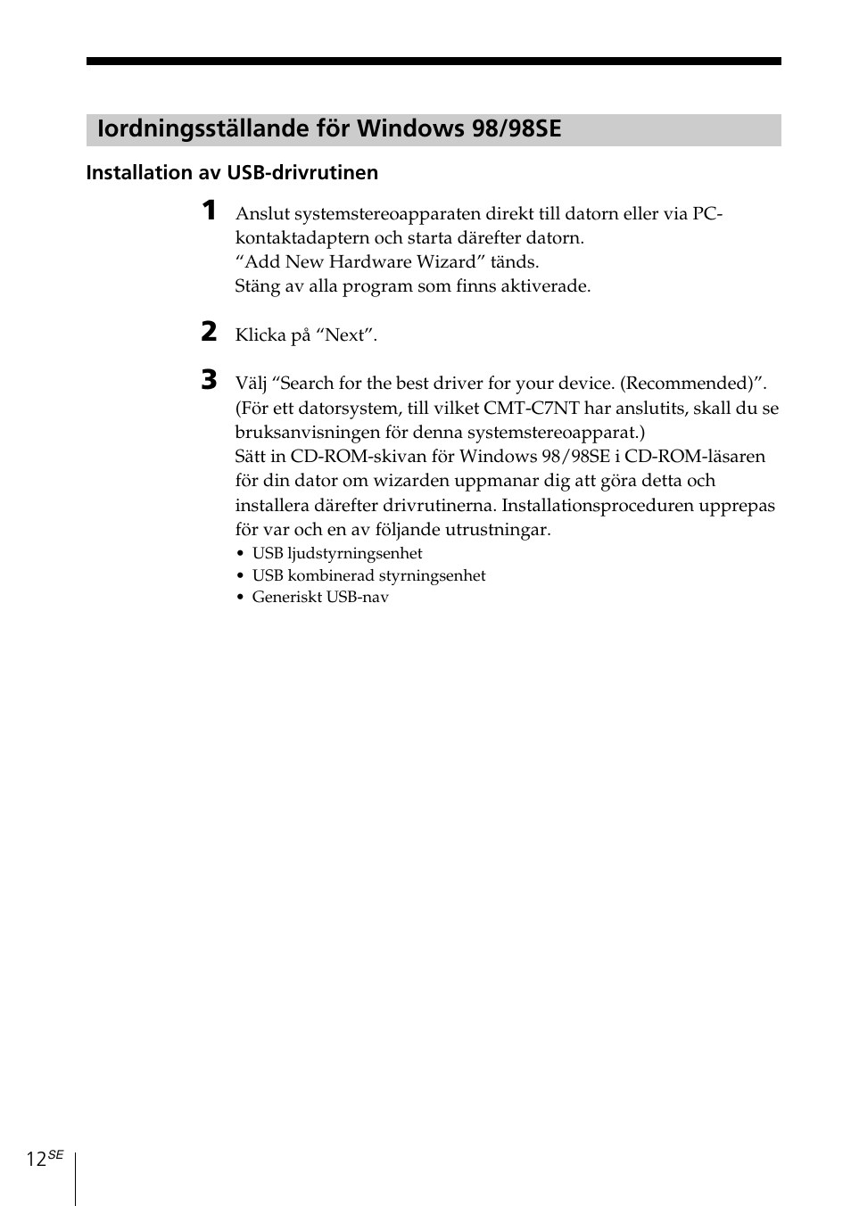 Iordningsställande för windows 98/98se | Sony MDS-PC3 User Manual | Page 152 / 254